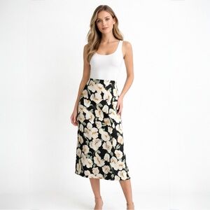 Ann Taylor Factory Floral Linen Blend Midi Skirt Black Size 14